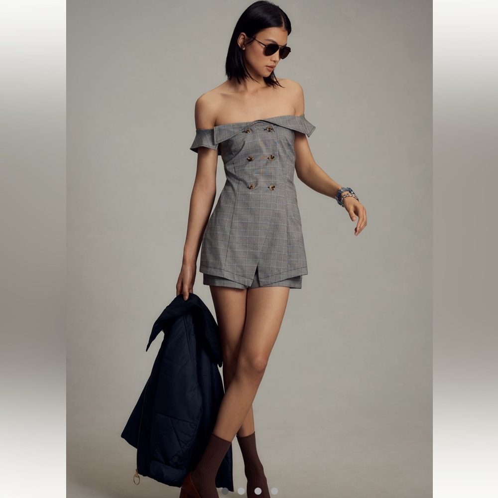 NWT Anthropologie Maeve Off-The-Shoulder Button-Front Menswear Romper
